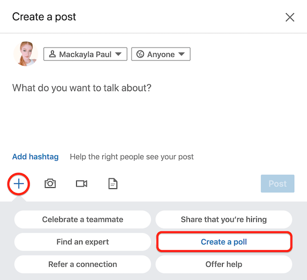 LinkedIn Create a Post dialog box with Create a Poll option