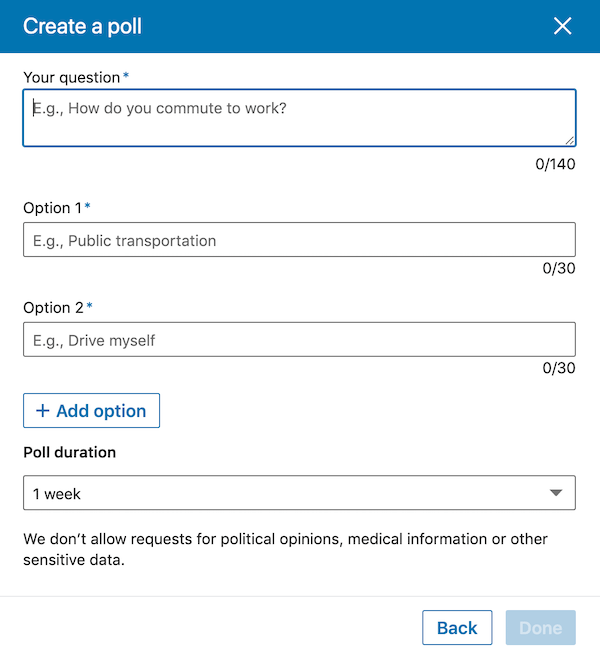 LinkedIn Create a Poll dialog box