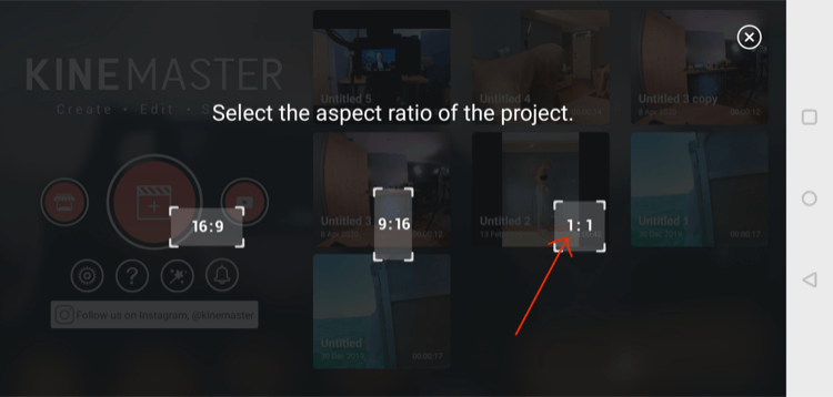 select square (1:1) video aspect ratio in KineMaster mobile app