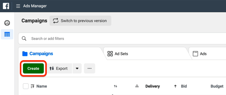 Create button in Facebook Ads Manager