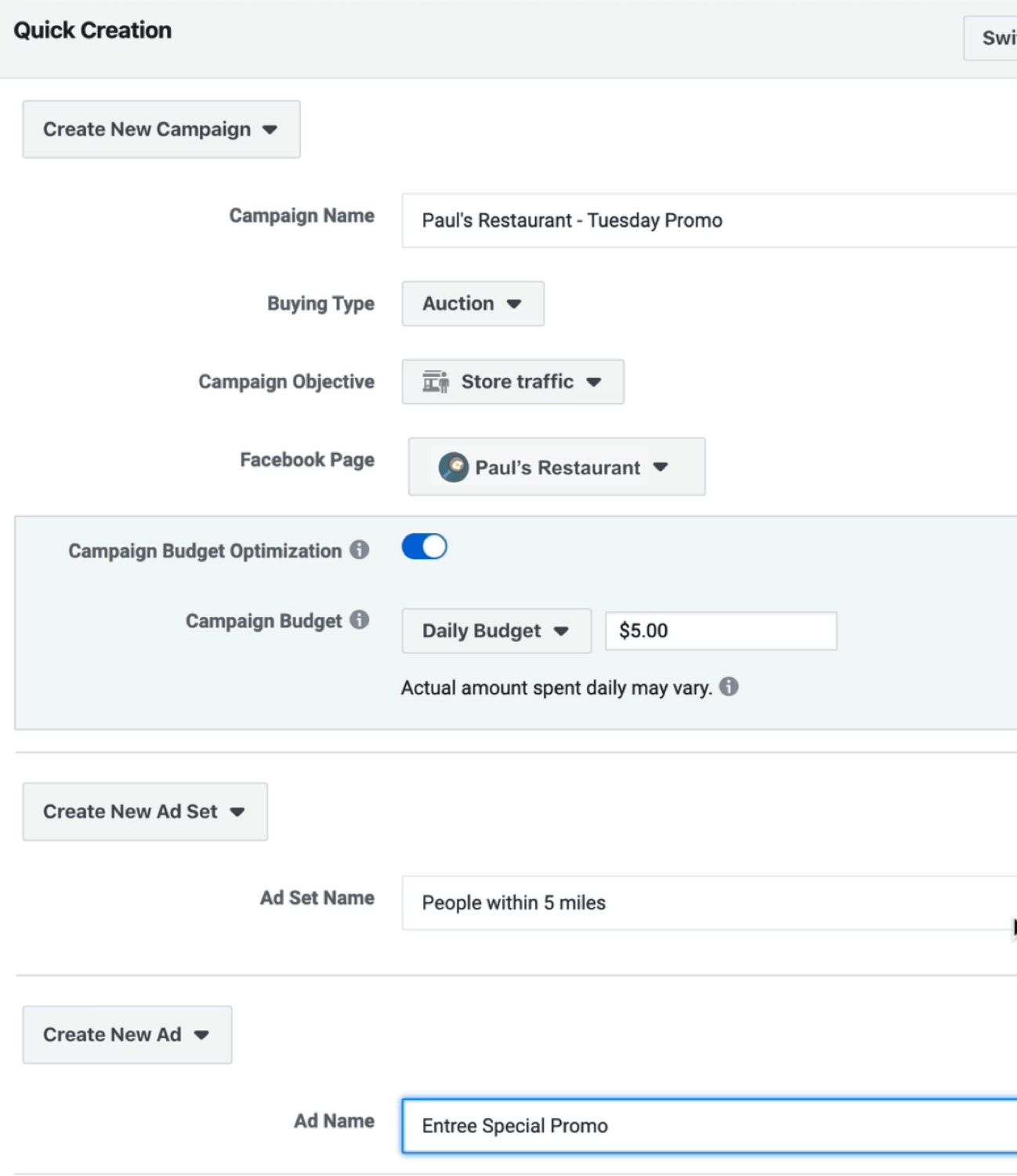 configurar o nível da campanha de anúncio do Facebook Store Traffic