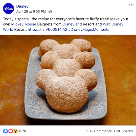 Disney Facebook post with link to recipe for Mickey Mouse beignets