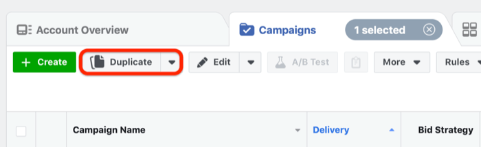 Duplicate button in Facebook Ads Manager