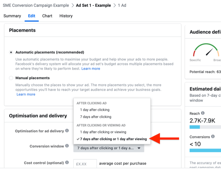 select 7 Days After Clicking or 1 Day After Viewing conversion window