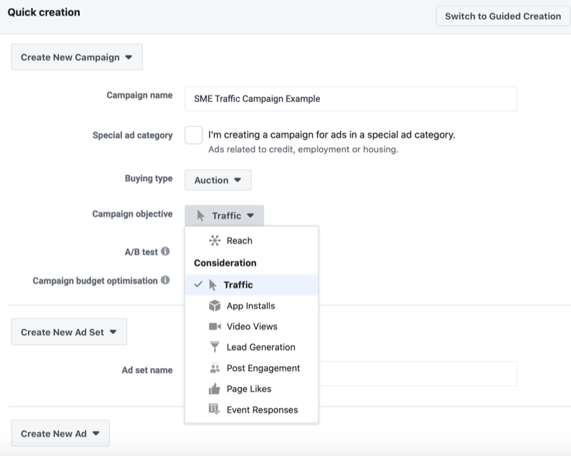 select Traffic as Facebook campaign objective