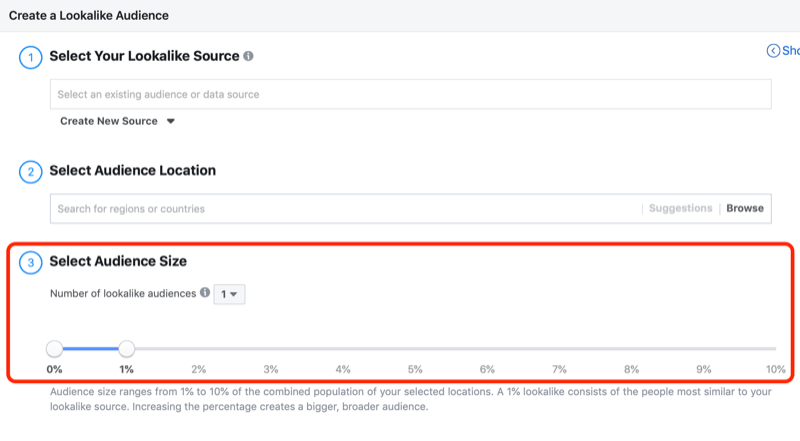 Create a Lookalike Audience set-up window in Facebook Audiences