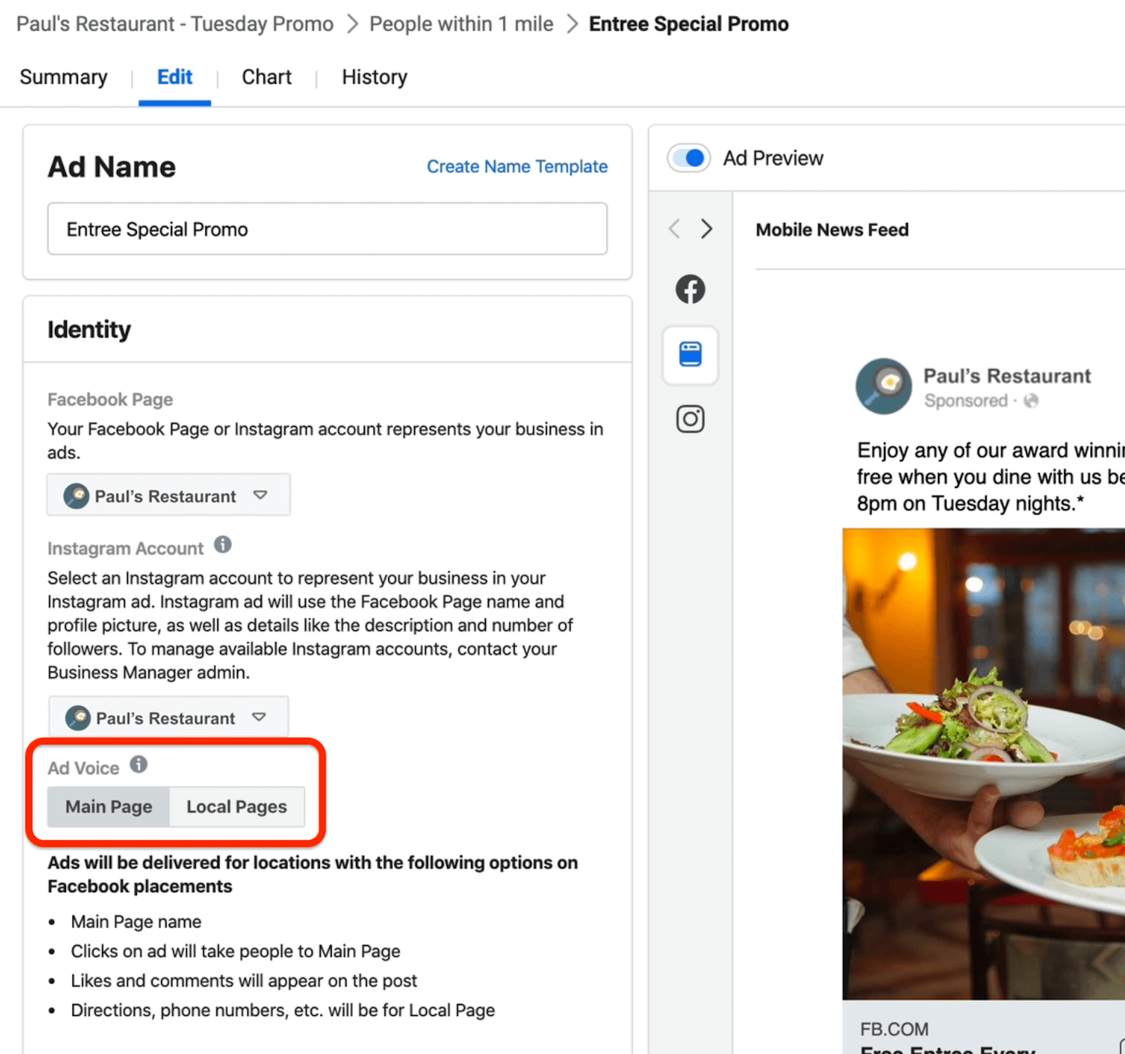 Opções do Ad Voice em nível de anúncio no Gerenciador de anúncios do Facebook