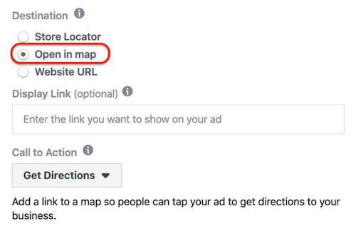 Open in Map option selected at ad level in Facebook Ads Manager