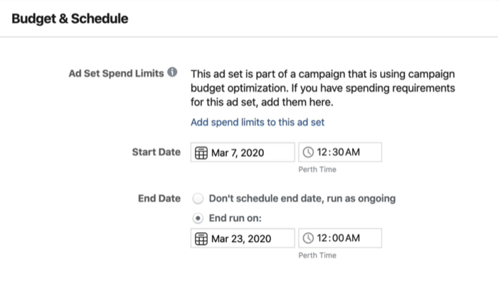 Budget & Schedule section at ad set level in Facebook Ads Manager