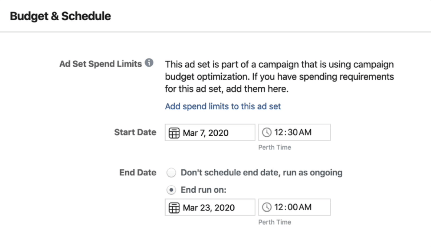 Seção de orçamento e programação no nível do conjunto de anúncios no Gerenciador de anúncios do Facebook