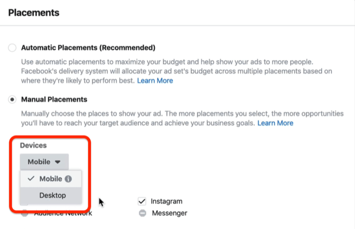 Mobile option checked in Devices drop-down menu in Placements section in Facebook Ads Manager