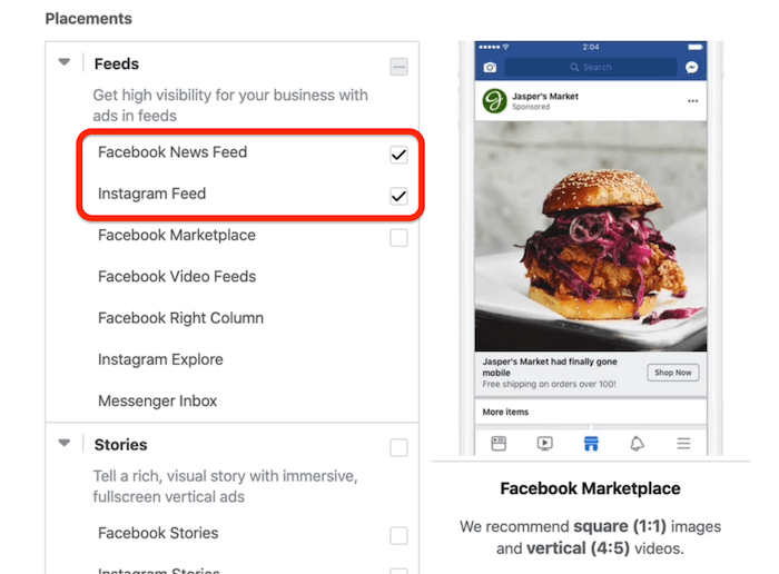 Facebook News Feed and Instagram Feed placements selected at ad set level in Facebook Ads Manager