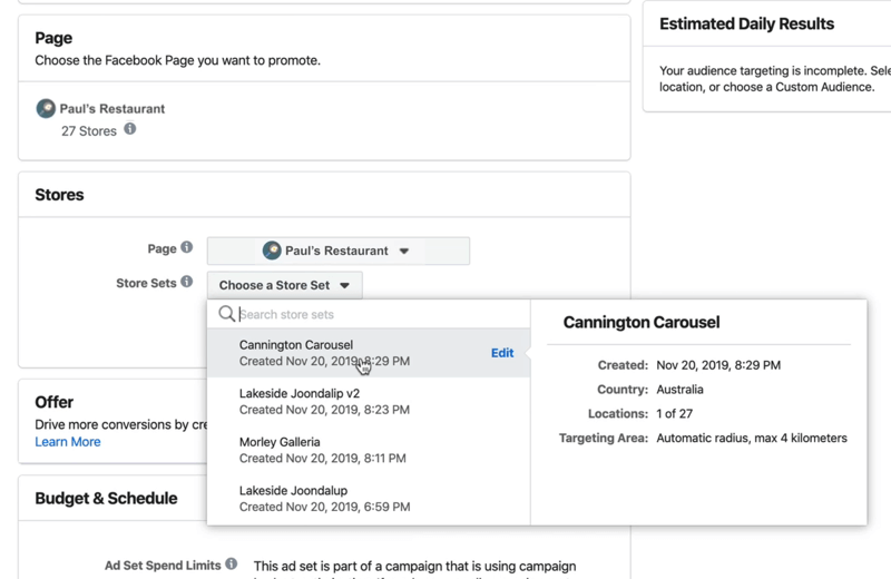 selecting store set for Facebook Store Traffic campaign