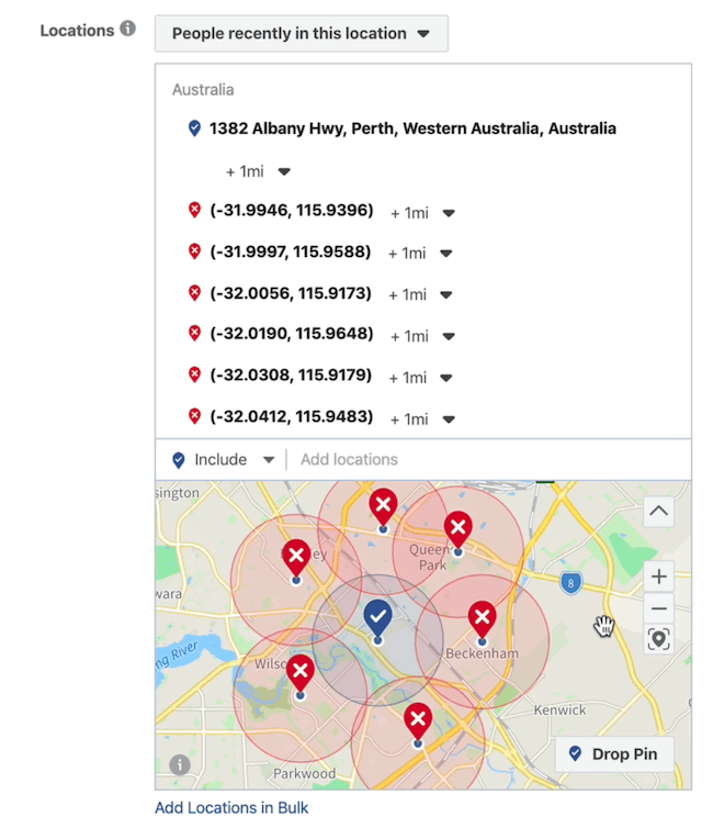 multiple exclusion pins at ad set level in Facebook Ads Manager