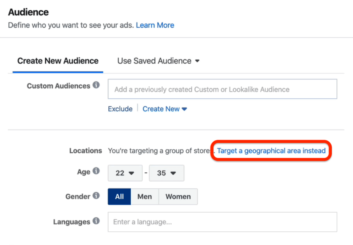 Escolha uma área geográfica em vez do Gerenciador de anúncios do Facebook
