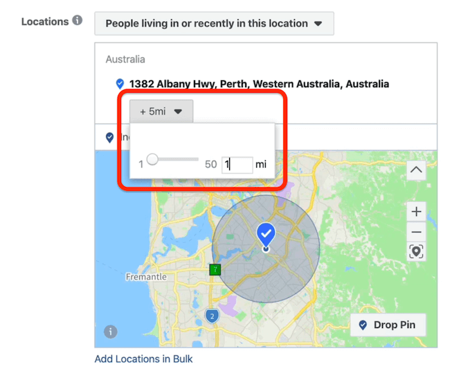 select 1 mile radius at ad set level in Facebook Ads Manager