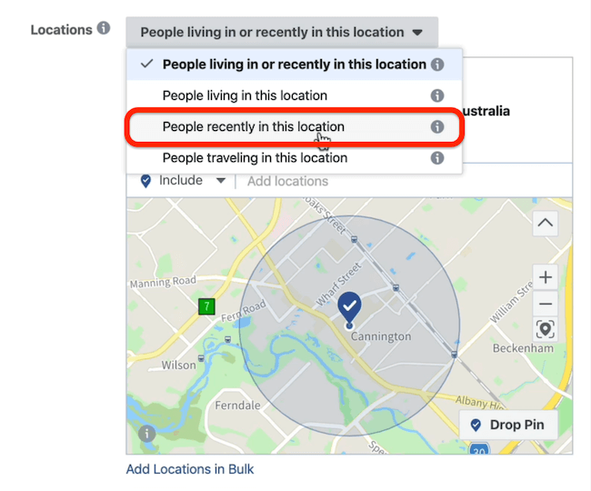People Recently in This Location option at ad set level in Facebook Ads Manager