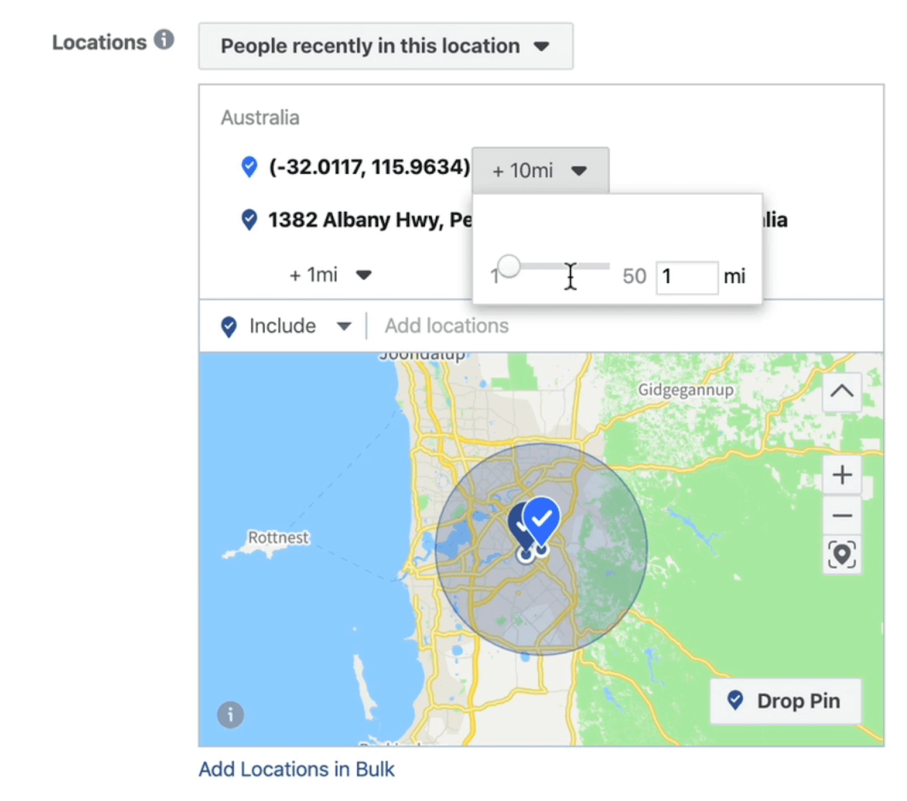 escolha um raio de 1 milha no nível do conjunto de anúncios no Facebook Ads Manager