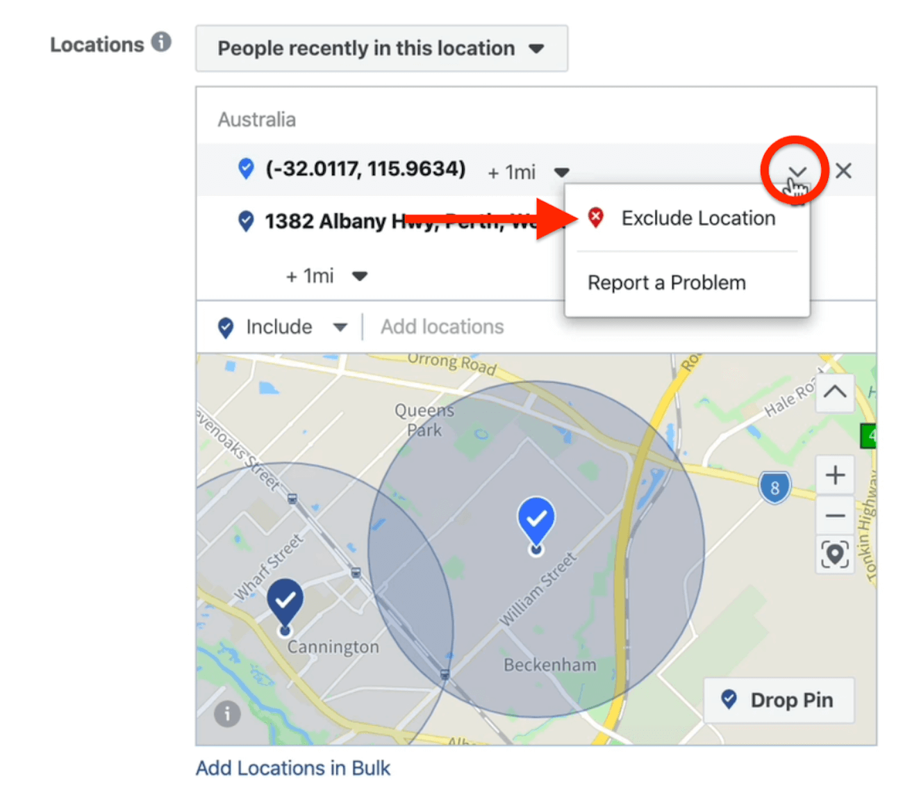 Excluir opção de localização no nível do conjunto de anúncios no Gerenciador de anúncios do Facebook