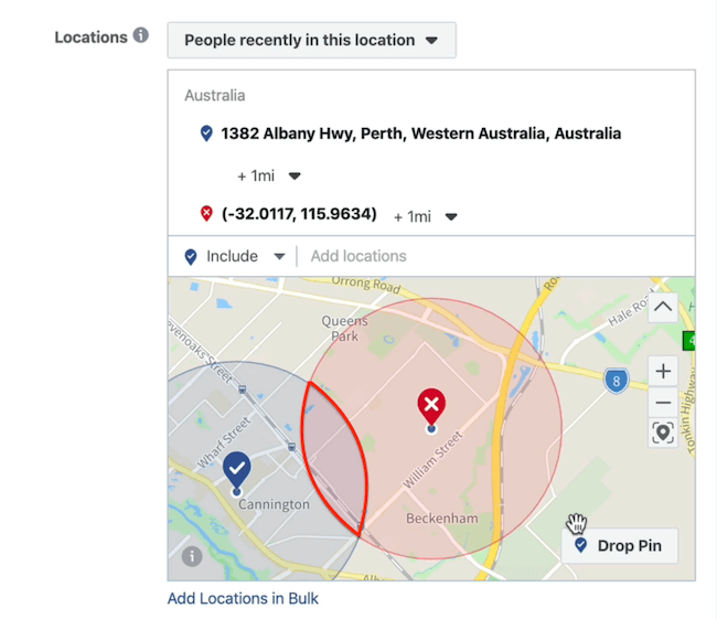 exclusion pin at ad set level in Facebook Ads Manager