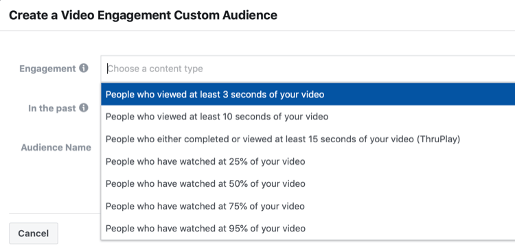 Create a Video Engagement Custom Audience set-up window