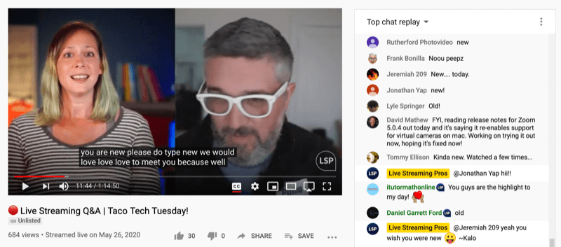 screenshot of Live Streaming Pros Facebook Live video with chat replay