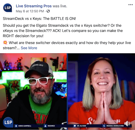 screenshot of Facebook Live broadcast on Live Streaming Pros Facebook page