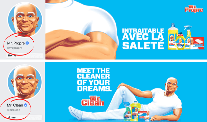Facebook-Seite und Titelbild zeigen Sprachunterschiede für die Marke Mr. Clean in Frankreich / Belgien und den USA