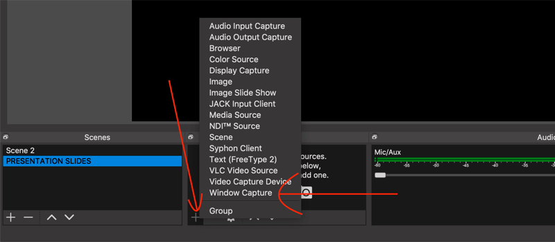 select Window Capture option in OBS Studio