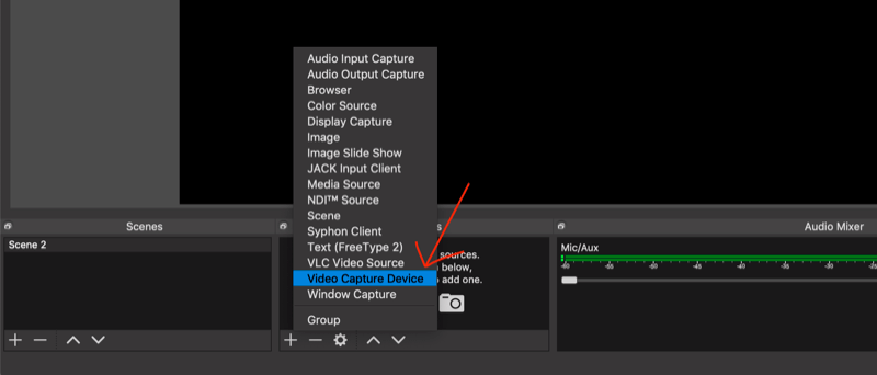 select Video Capture Device from pop-up menu in OBS Studio