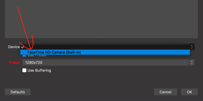 select camera or webcam from Device list in OBS Studio