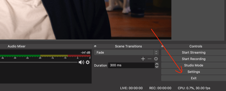 Settings button in OBS Studio