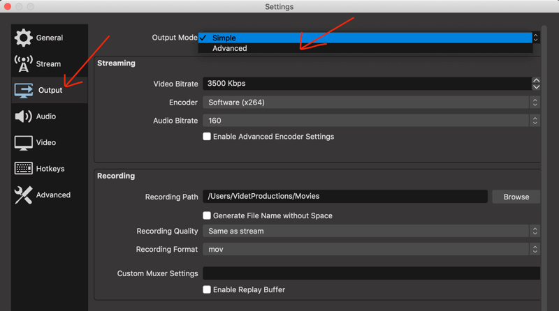 Output tab in OBS Studio settings