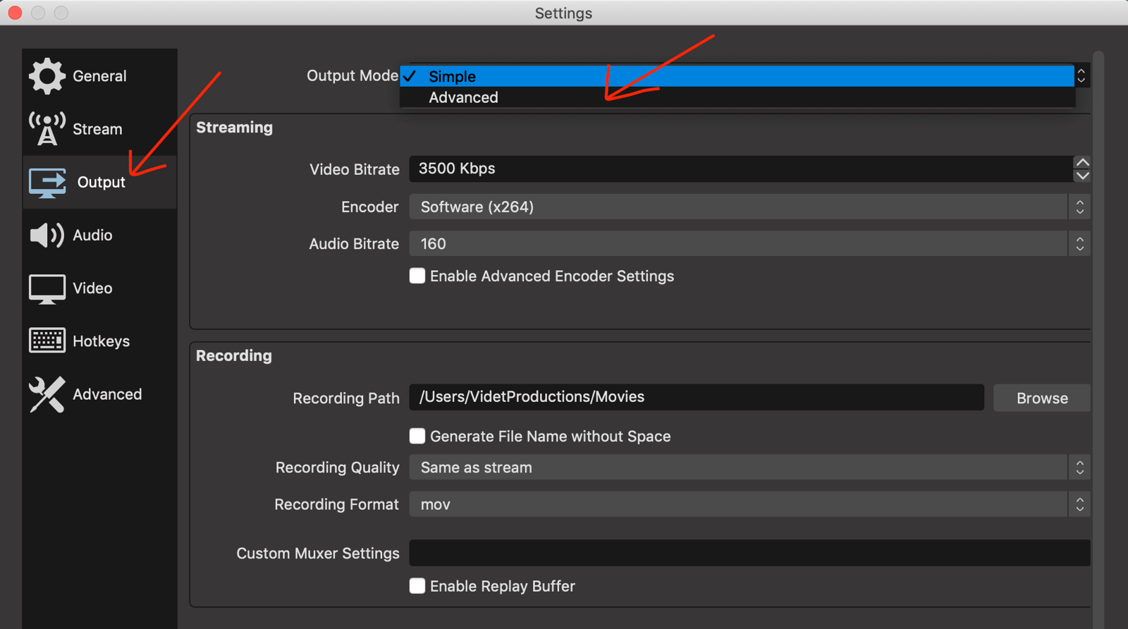 Output tab in OBS Studio settings