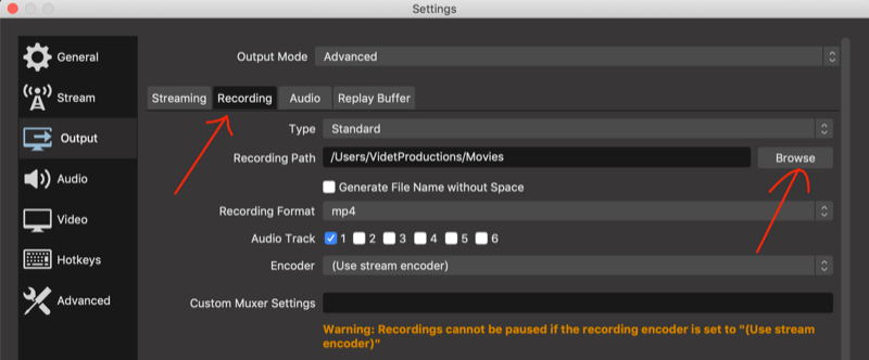Recording tab in OBS Studio settings