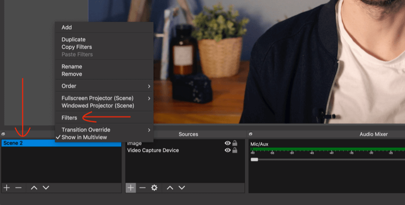 select Filters option for scene in OBS Studio