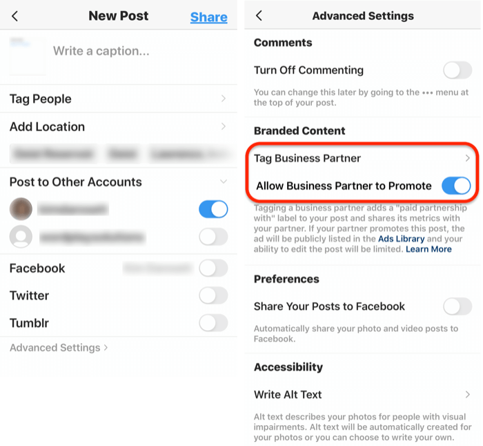 tag Instagram branded partner in post