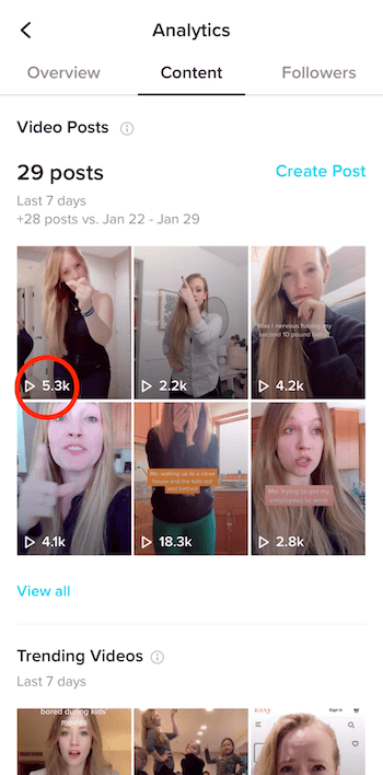 Video Posts on Content tab in TikTok Analytics