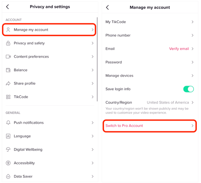 option to Switch to Pro Account in TikTok settings