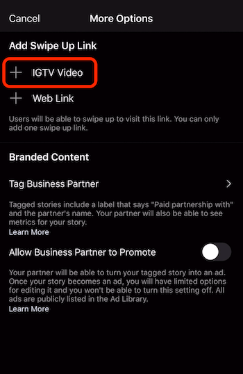 option to add swipe up link to IGTV video