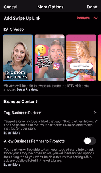select IGTV video to share to Instagram Stories