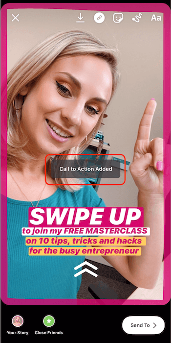 notification that call to action has been added to Instagram story