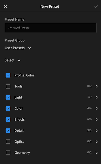 create preset screen in Adobe Lightroom Mobile app