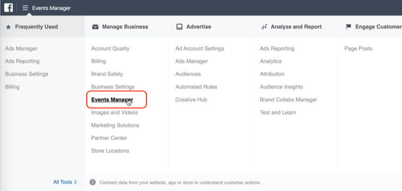 Events Manager option in Facebook Ads Manager