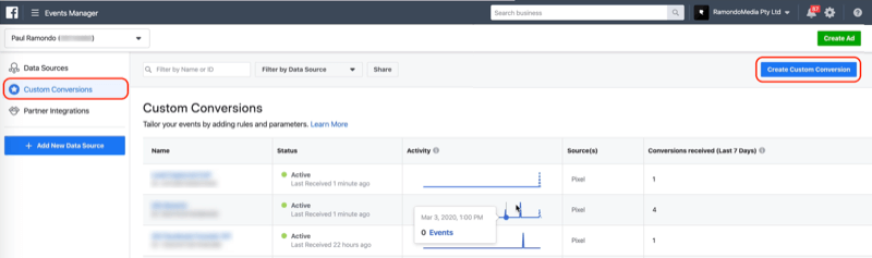 Create Custom Conversion button in Facebook Events Manager