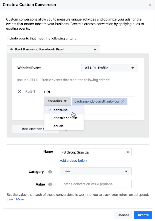 Create a Custom Conversion window