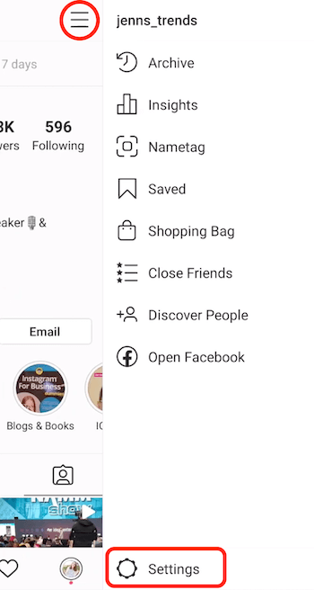 Instagram business profile slide-out menu with Settings option