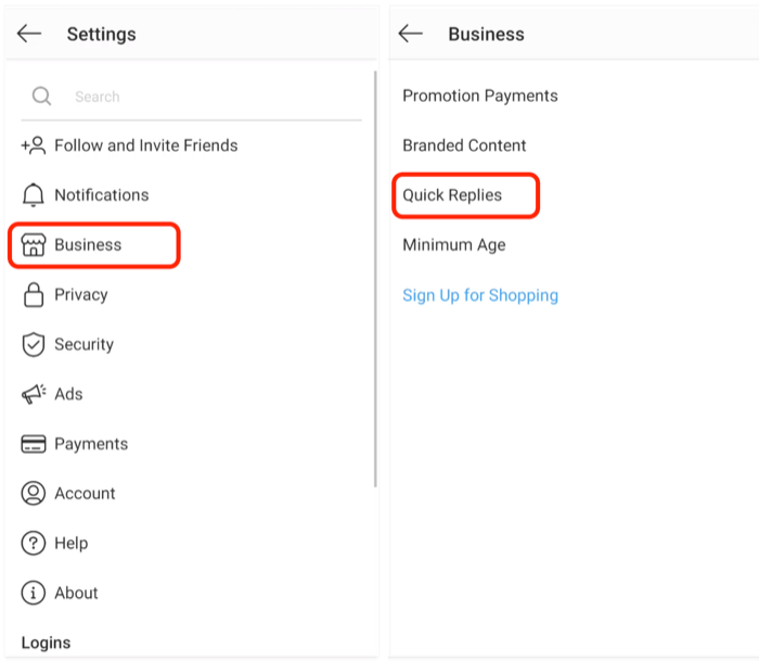 Quick Replies option in Instagram business profile settings