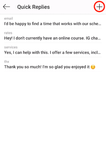 Instagram Quick Replies screen