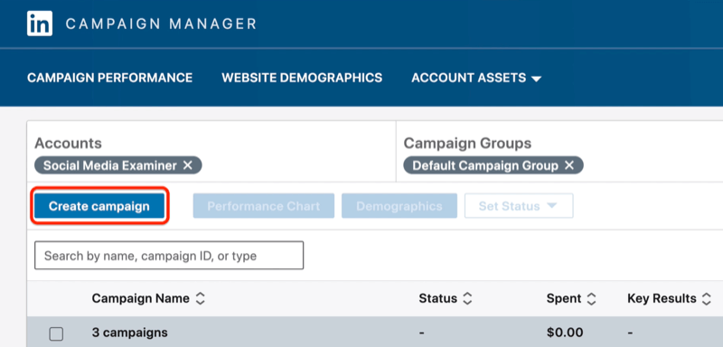 Create Campaign button in LinkedIn Campaign Manager